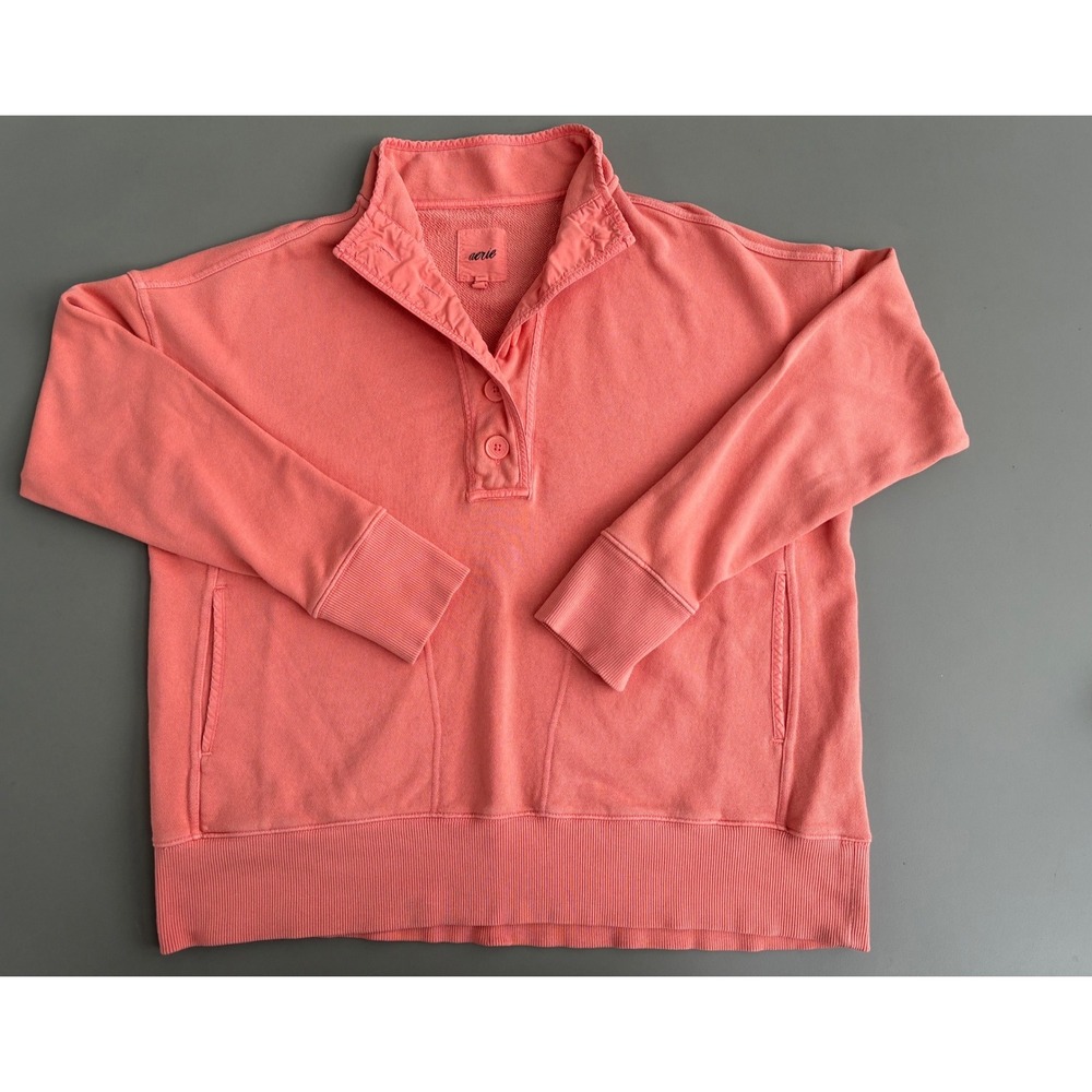 Aerie Women Coral Pink Oversized Quarter Button French Terry Sweatshirt Small